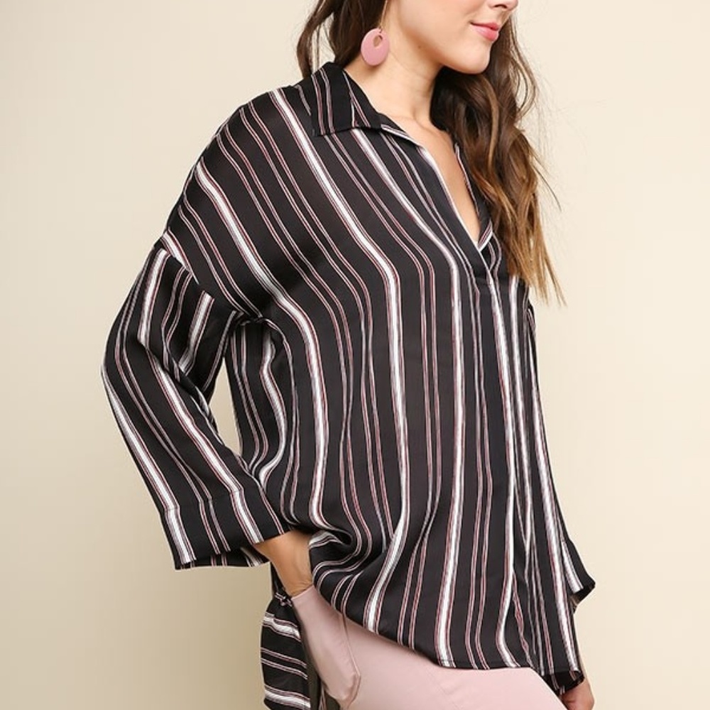 Striped Satin Long Sleeve V-Neck Collared Top with